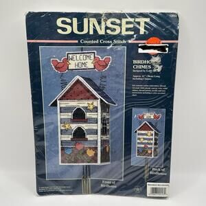 NEW Sunset Counted Cross Stitch Kit #13654 Welcome Home Birdhouse Chimes 1998